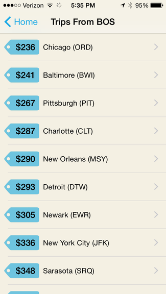 Lista de vuelos de la app móvil Get the Flight Out