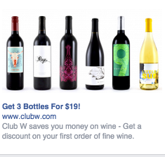 Anuncio en Facebook de botellas de vino