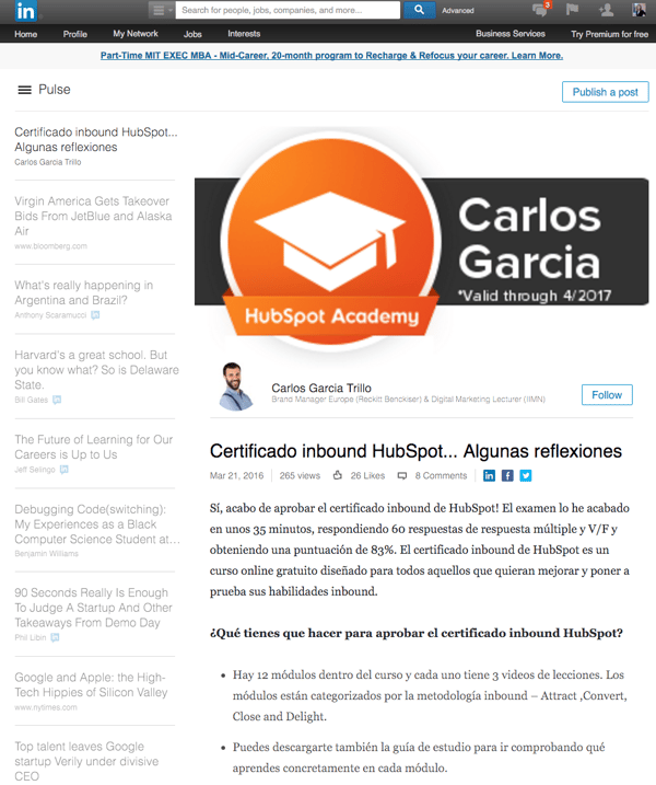 Post en LinkedIn sobre certificación inbound de HubSpot