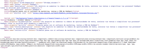 Código HTML de una página de HubSpot