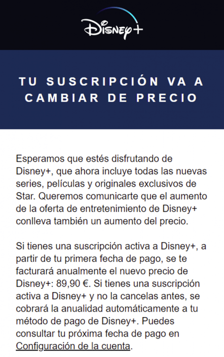 Notificación de Disney+ sobre un incremento de precio