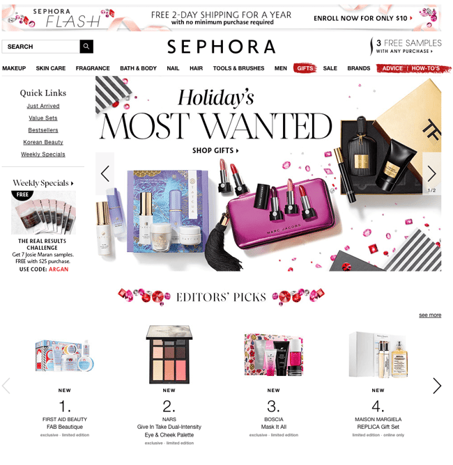 Diseño web navideño en página de Sephora