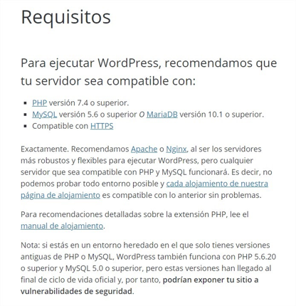 Requisitos para hosting en WordPress