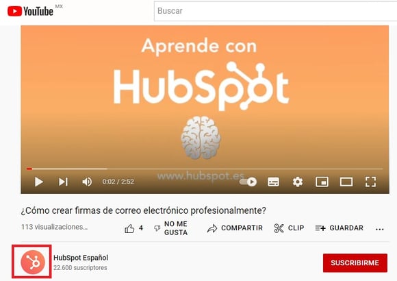 Ejemplo de icono de HubSpot en Youtube