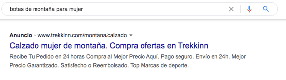 Ejemplo de campaña PPC de Trekk Inn