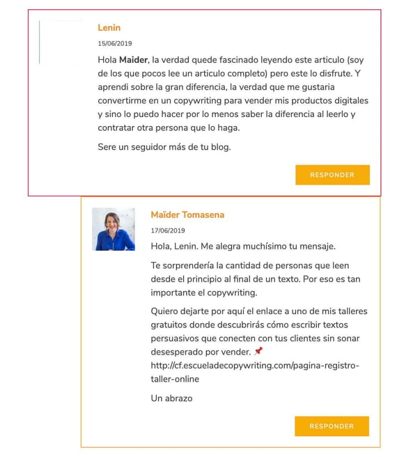 Feedback positivo en el sitio de Maider Tomasena