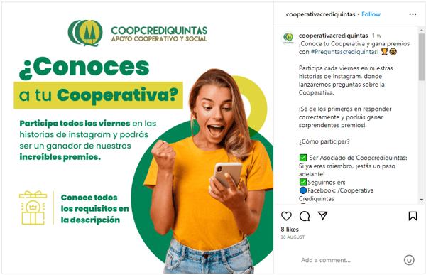 Instagram giveaway de Cooperativa Crediquintas
