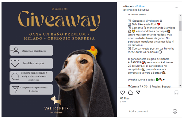 Instagram giveaway de Valtopets