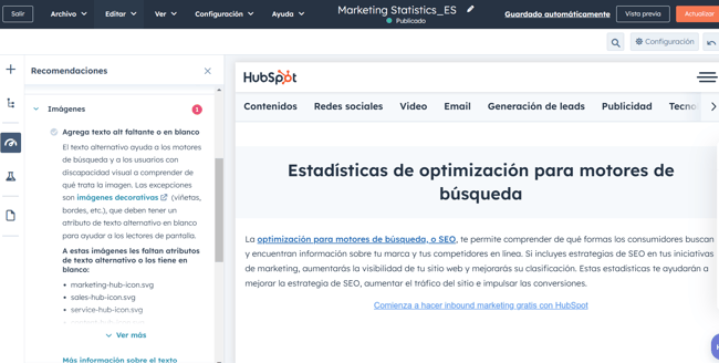 Recomendaciones de SEO en el editor de Content Hub
