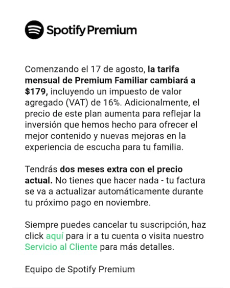 Notificación de Spotify sobre un incremento de precio