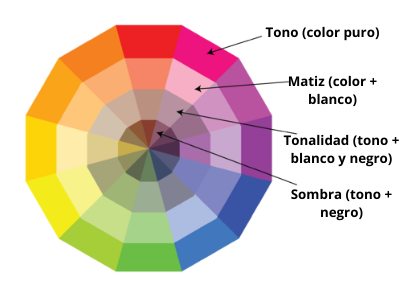 Teoría del color- círculo cromático con tonos, matices, tonalidades y sombras