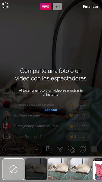 Ventana para compartir imágenes o videos a transmisión en vivo de Instagram