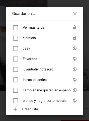 Características de YouTube para seleccionar dónde guardar un video en listas de reproducción