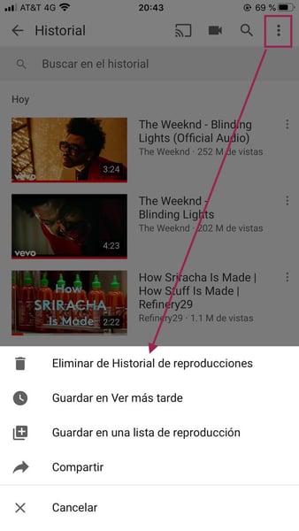 Características de YouTube para borrar historial en móvil