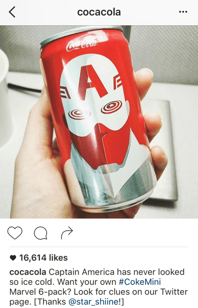 Pie de foto de Instagram de Coca-Cola en el que promociona su cuenta de Twitter