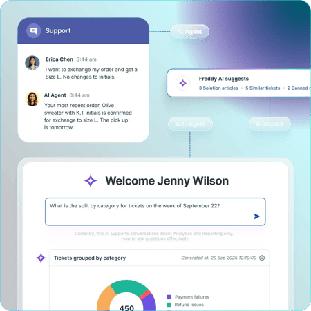 Software de servicio al cliente para empresas: el chat móvil de Freshdesk, que permite ofrecer asistencia al cliente, ayudar con las actualizaciones de los pedidos y añadir una nota de regalo.