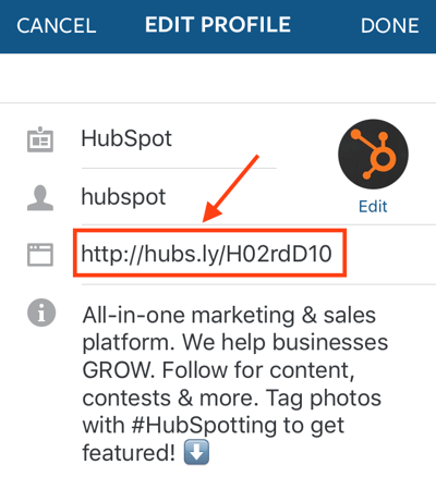 Enlace en la biografía a la cuenta de Instagram de HubSpot