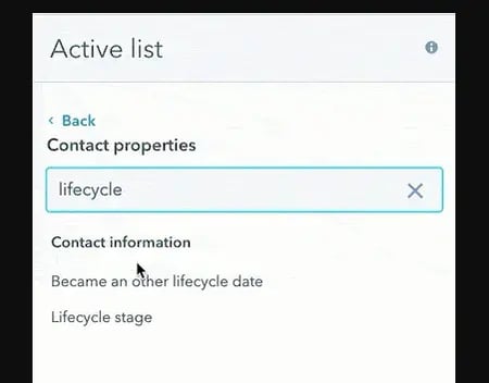 captura de pantalla de la segmentación de listas activas de HubSpot en email marketing para dentistas