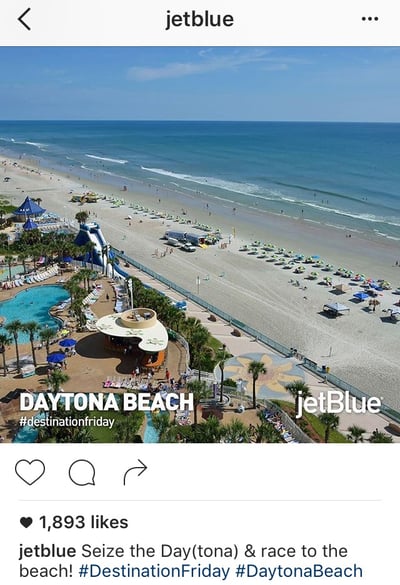 Pie de foto de Instagram con tono desenfadado y juegos de palabras de JetBlue