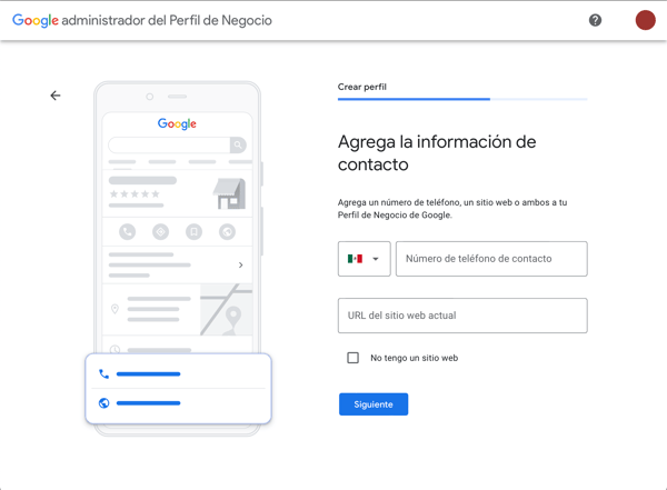 Tercer paso para crear una cuenta en Google Mi Negocio: datos de contacto