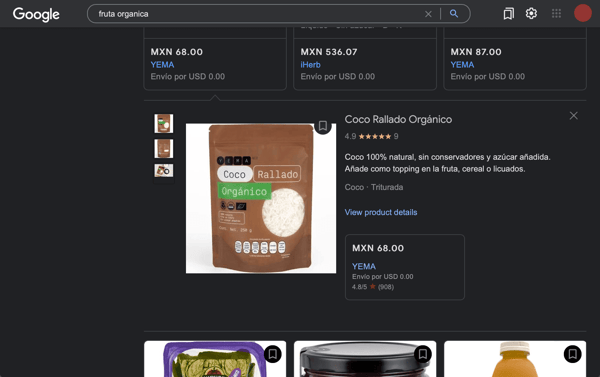 Ejemplo de publicidad gratuita en Google Shopping por reseñas de clientes