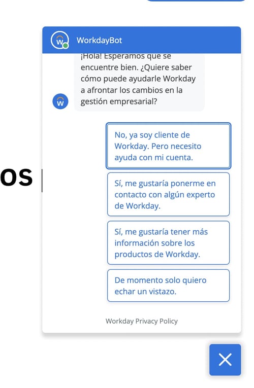 Ejemplo de qué es un chatbot en el sitio de Workday