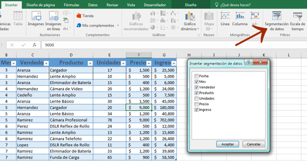 Ejemplo de segmentación de datos en Excel