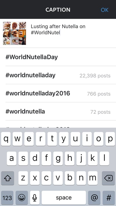 Usuario de Nutella mostrando cómo usar las sugerencias de hashtags de Instagram en un pie de foto