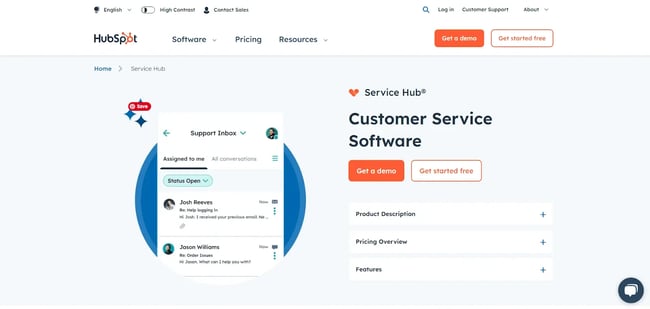 Captura de pantalla de Service Hub de HubSpot