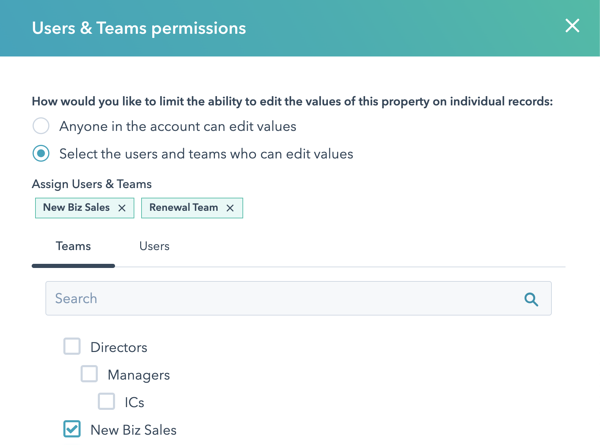 Users and teams permissions selections