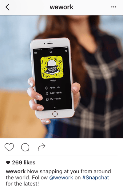 Pie de foto en Instagram de WeWork promocionando la cuenta de Snapchat