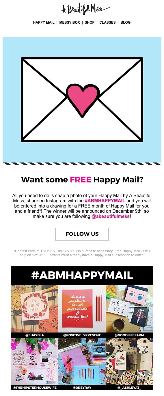 Mail Promocional de A Beautiful Mess para su concurso en Instagram #ABMHAPPYMAIL