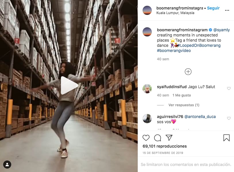 Ejemplo de publicación con boomerang en Instagram