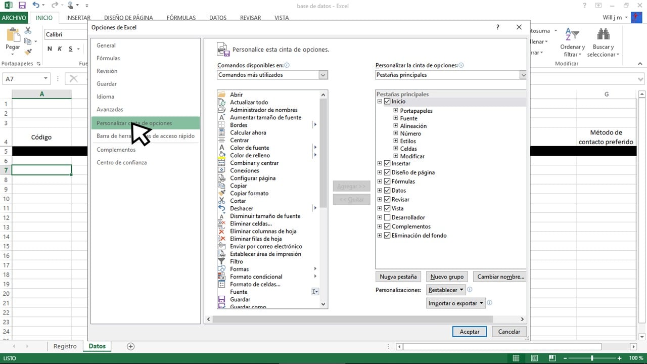 Personalizar cinta de opciones en Excel