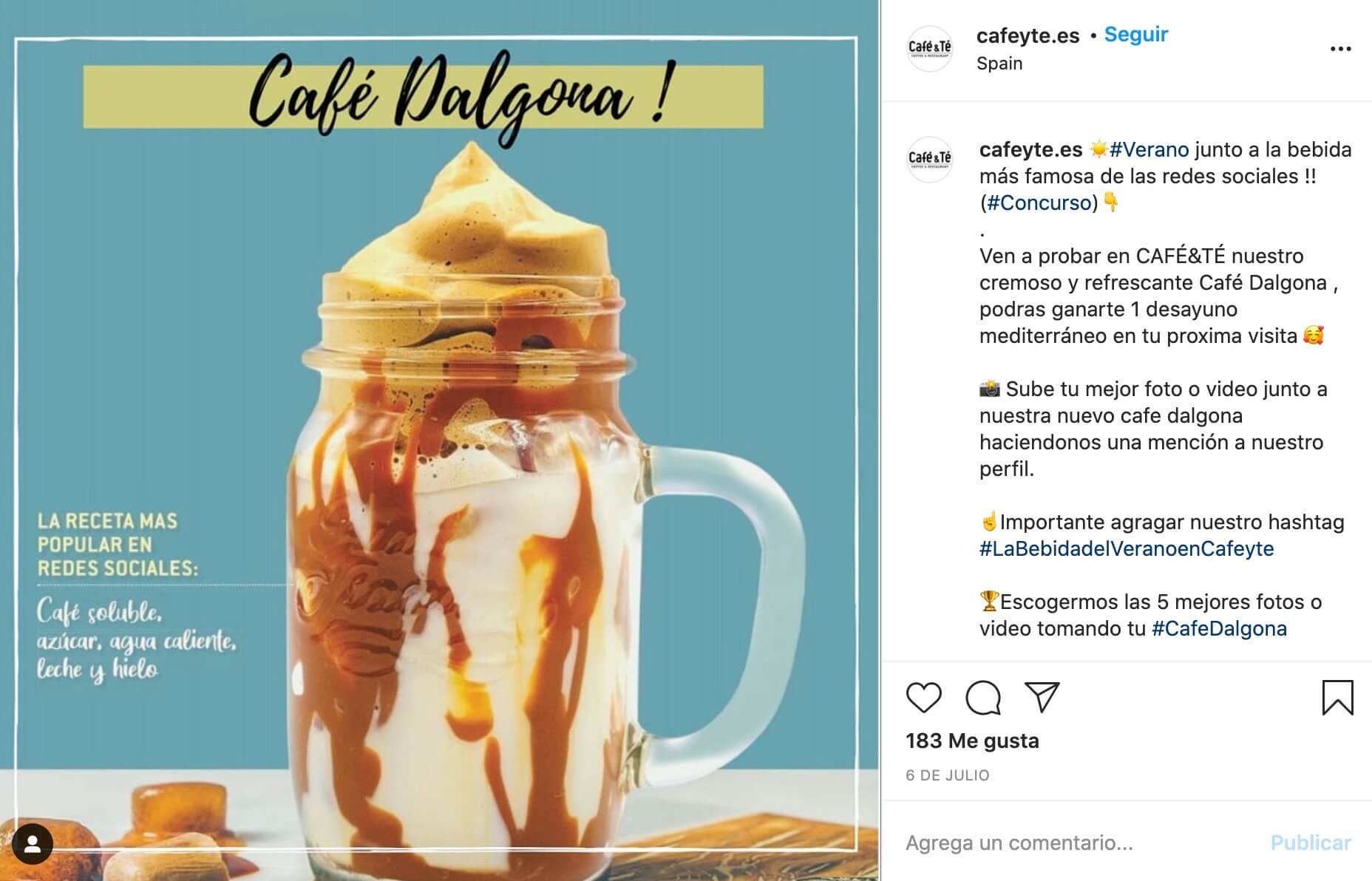 Publicación de Instagram que anuncia el concurso de instagram de cafetería Café y Té #LaBebidaDelVeranoCafeyte