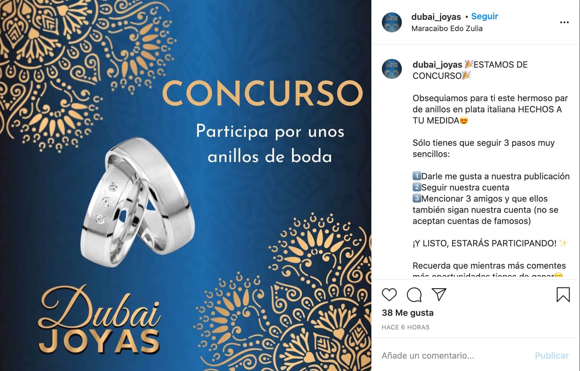 Publicación promocional de concurso de Dubai Joyas en Instagram