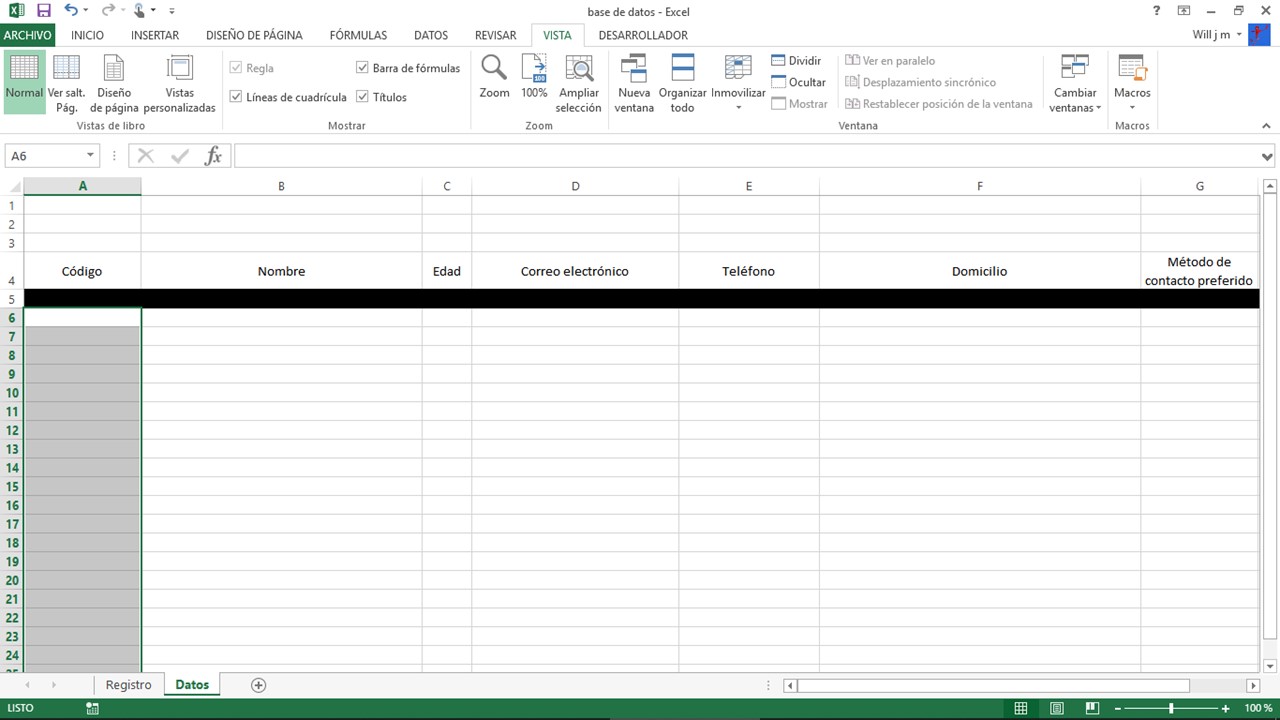 Seleccionar celdas para base de datos en Excel