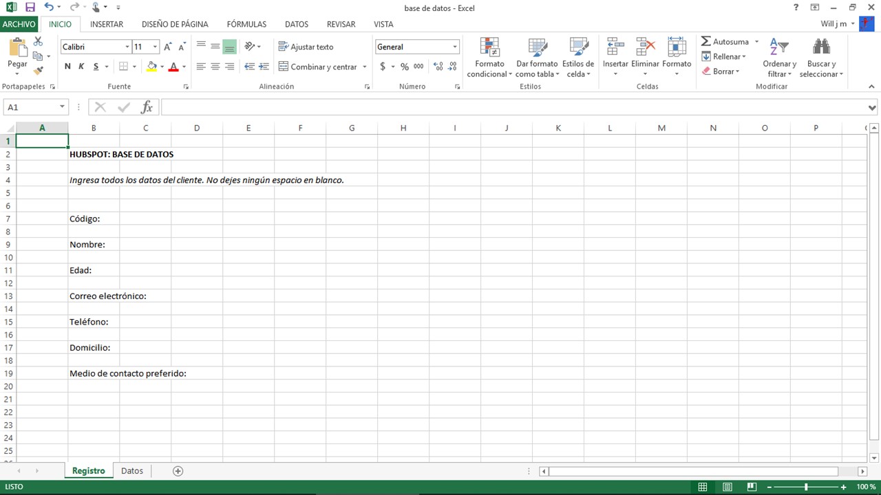 Pasos para una base de datos en Excel: datos