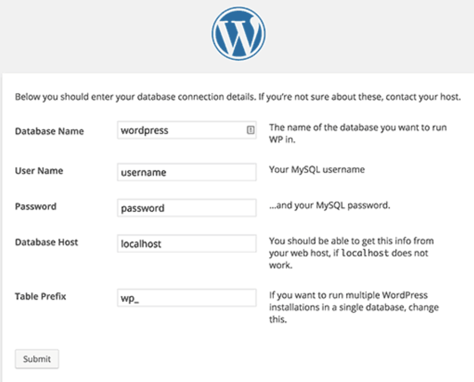 Cómo instalar WordPress con FTP: introduce la información de tu base de datos