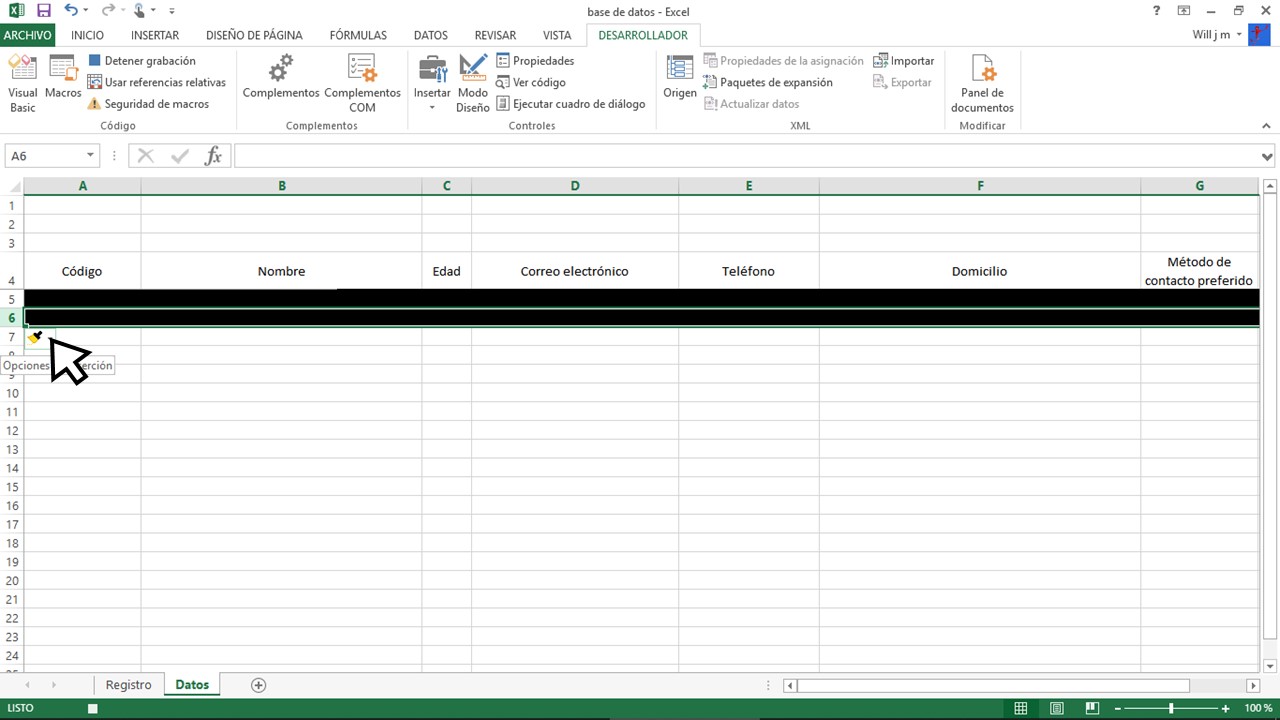 Cómo hacer una base de datos en Excel: selección de celdas