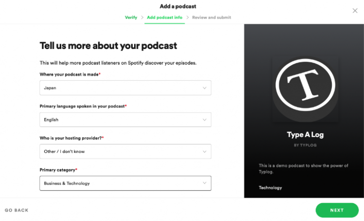 Formulario de la guía de podcast de Spotify