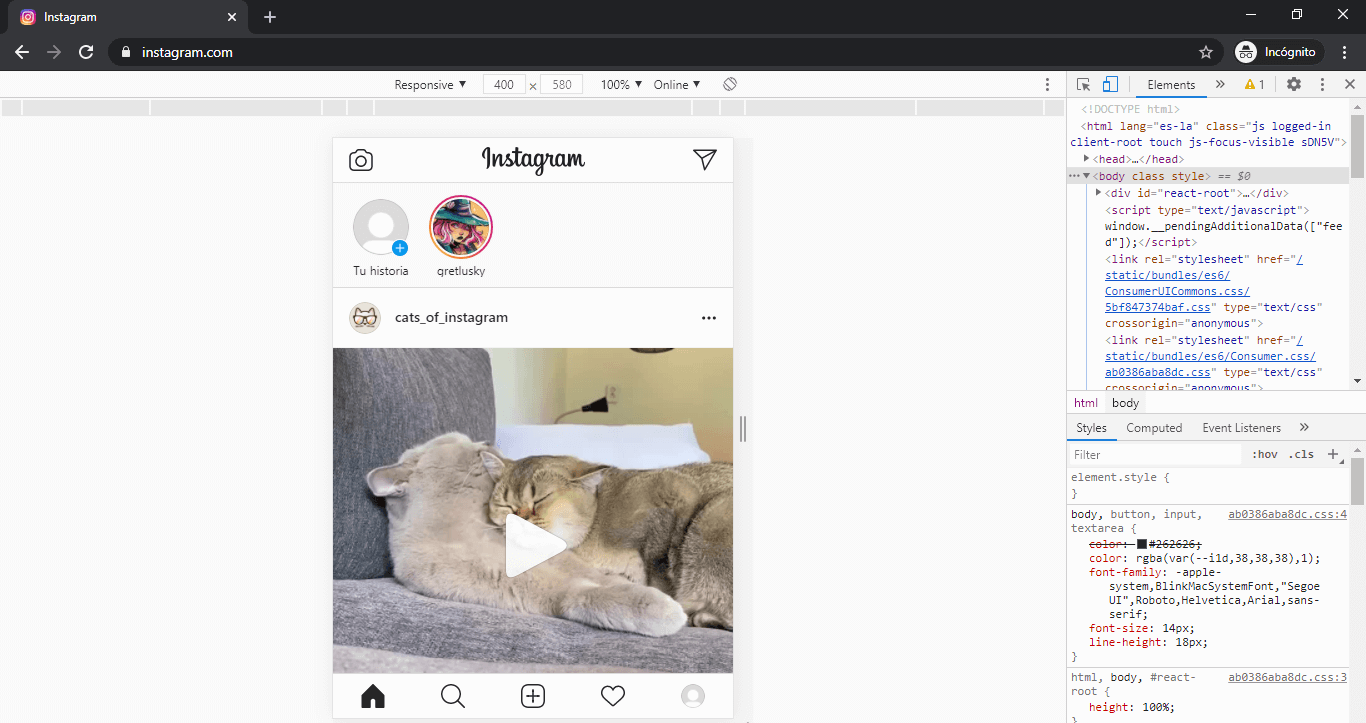 Vista móvil de Instagram en Chrome