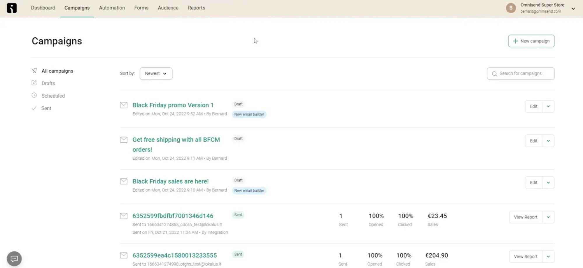 interfaz de usuario de email marketing de Omnisend
