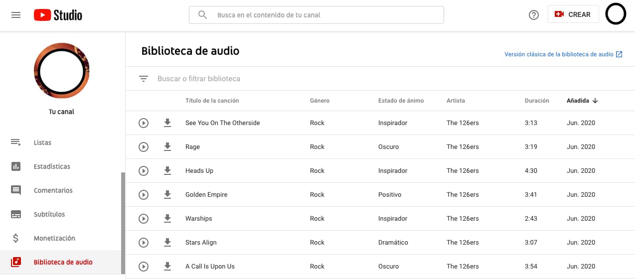 Características de YouTube para buscar en la biblioteca de audio