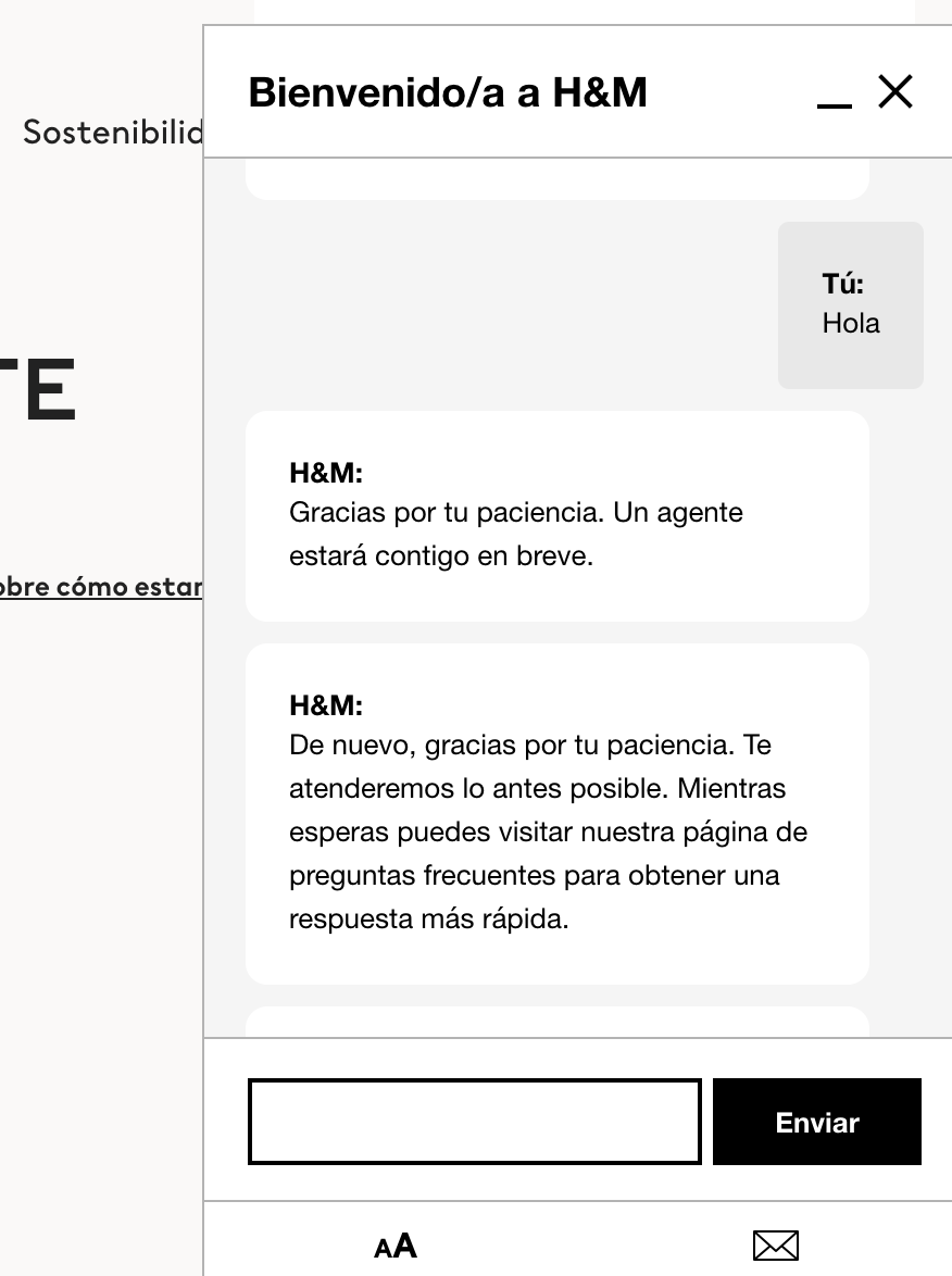 Ejemplo de chatbot de servicio al cliente en español de H&M