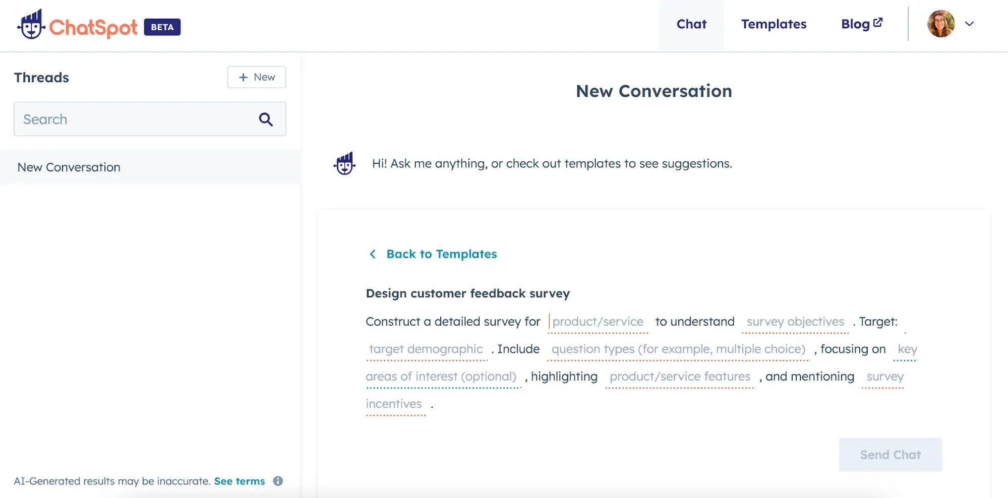 Captura de pantalla de la plantilla de encuesta de clientes de HubSpot ChatSpot
