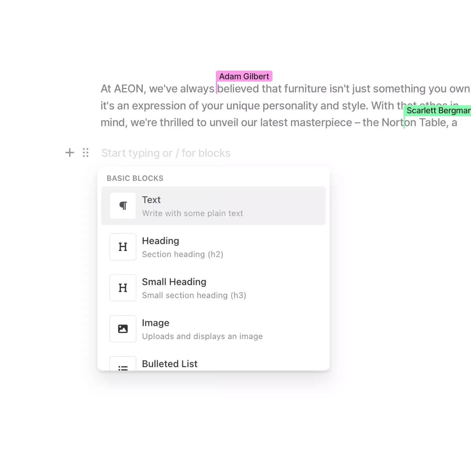 ux de audienceful email marketing para consultoras; desplegable para texto, encabezado, pequeño encabezado, etc.