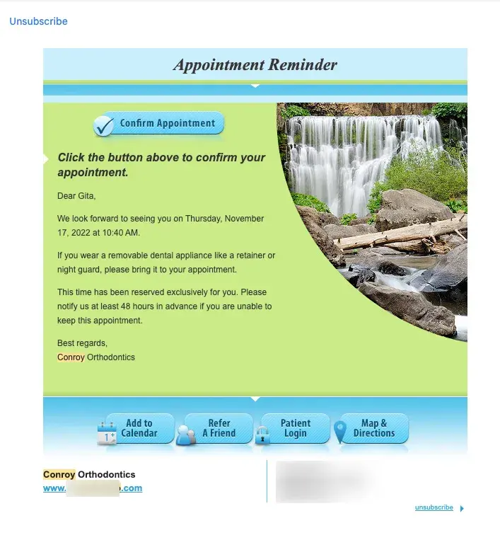 Ejemplo de recordatorio de cita por email marketing para dentistas