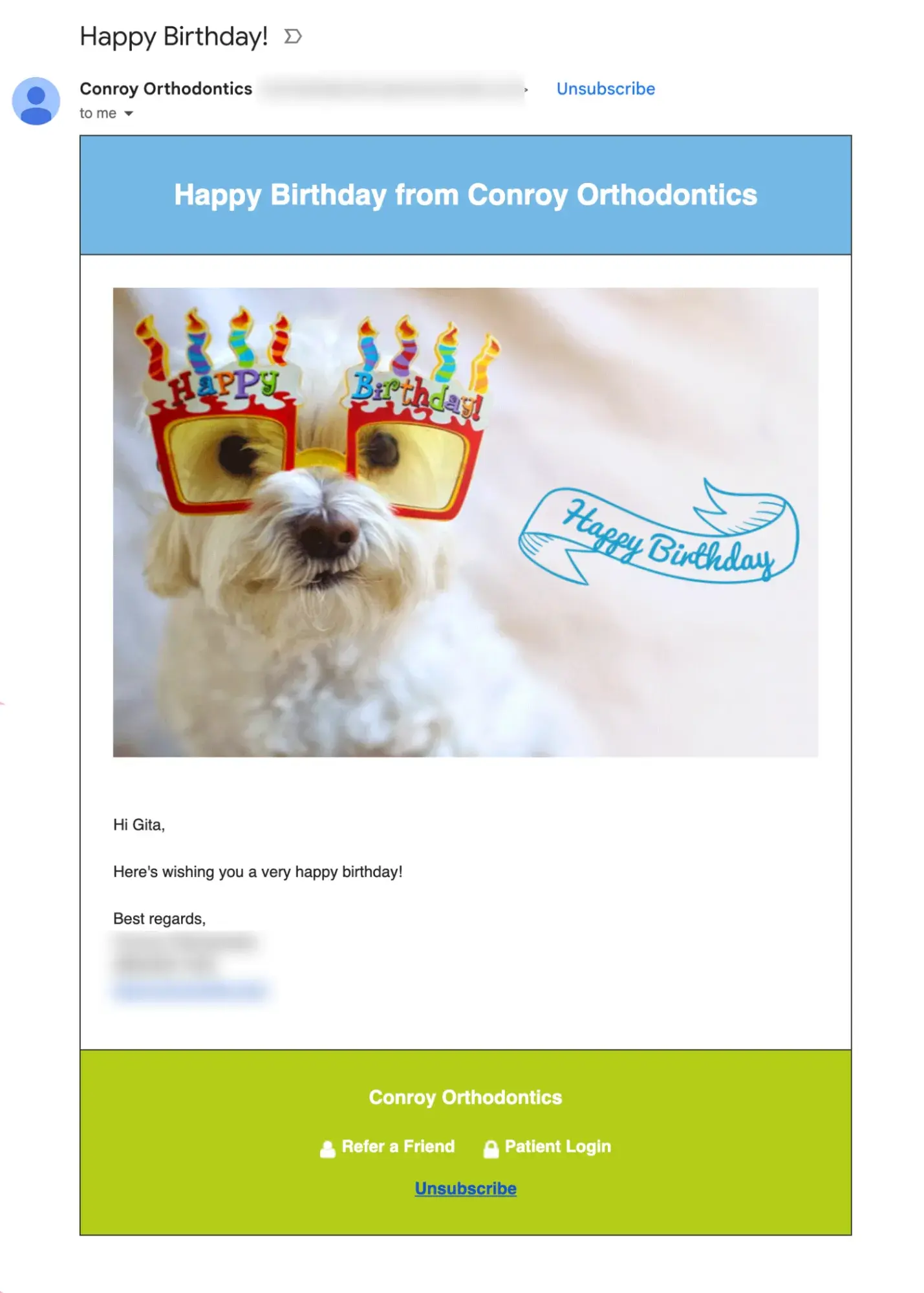 Ejemplo de felicitaciones de cumpleaños por email marketing para dentistas
