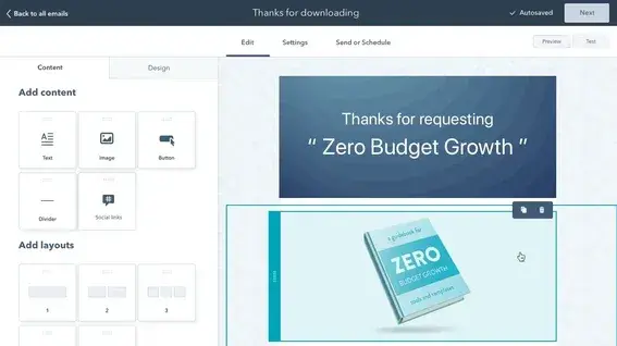 captura de pantalla del editor de arrastrar y soltar de HubSpot para email marketing para dentistas